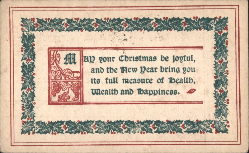 Christmas & New Year Greeting with Holly Border & Ornate Initial