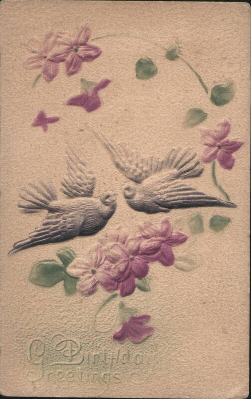 Embossed Birthday Greetings with Doves and Purple Flowers