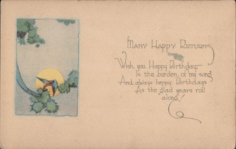 Birthday Greeting with Bird, Sun, and Foliage Illustration