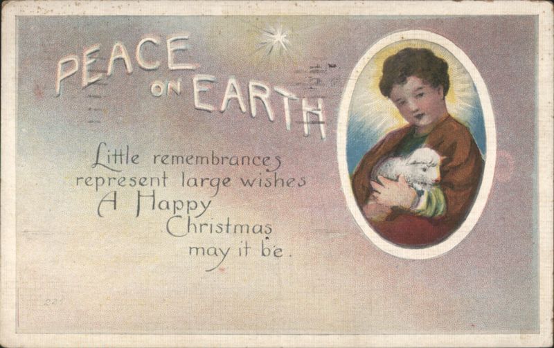 Peace on Earth Christmas Greeting with Child Holding Lamb