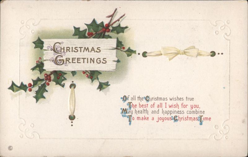 Christmas Greetings with Holly and Berries, Joyous Christmas Time Wish
