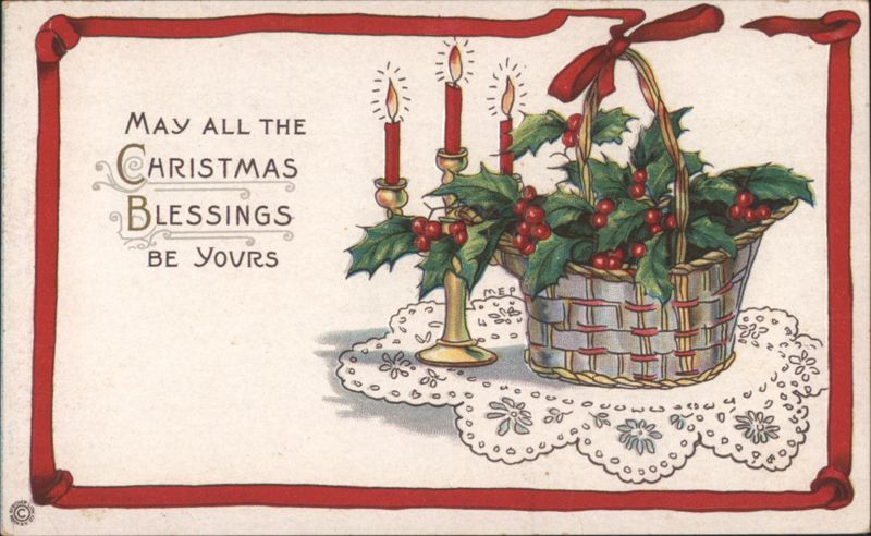 Christmas Blessings, Holly Basket and Candles Greeting
