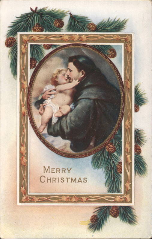 Religious Christmas with Man and Child, Pine Boughs, Merry Christmas Greeting