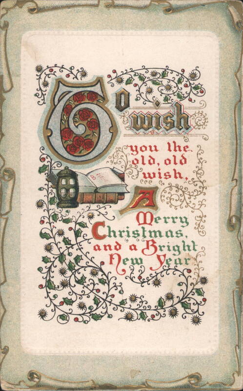 Merry Christmas & Bright New Year Greeting with Ornate Holly & Roses