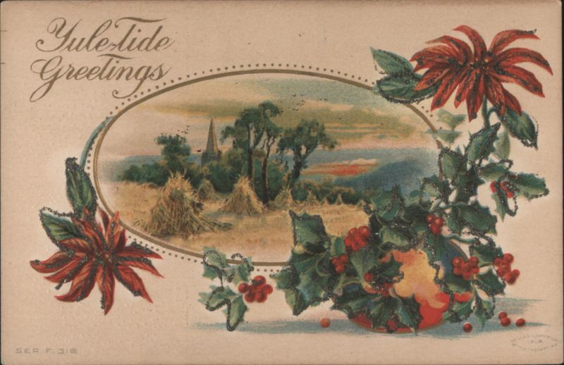 Yule-Tide Greetings with Poinsettias, Holly, and Rural Landscape