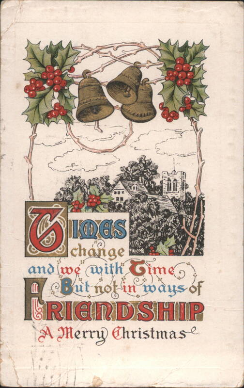 Christmas Bells and Holly with Village Scene and Friendship Greeting