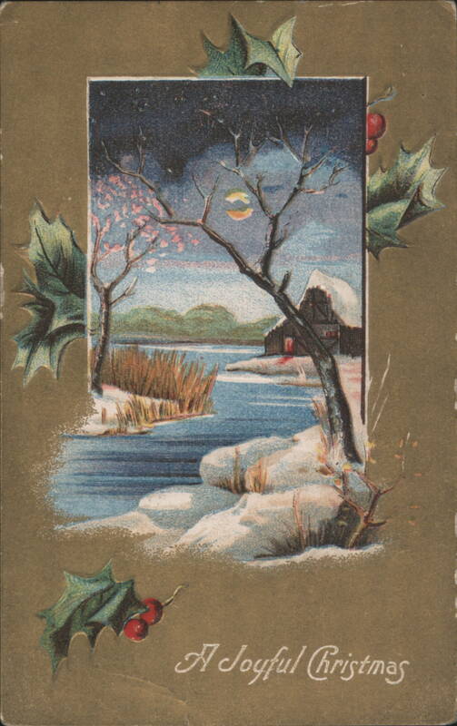 A Joyful Christmas Winter Scene with River, Snow, and Holly