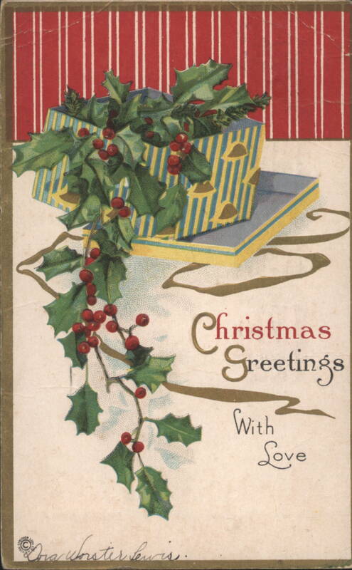 Christmas Greetings With Love, Holly & Berries, Wrapped Gifts