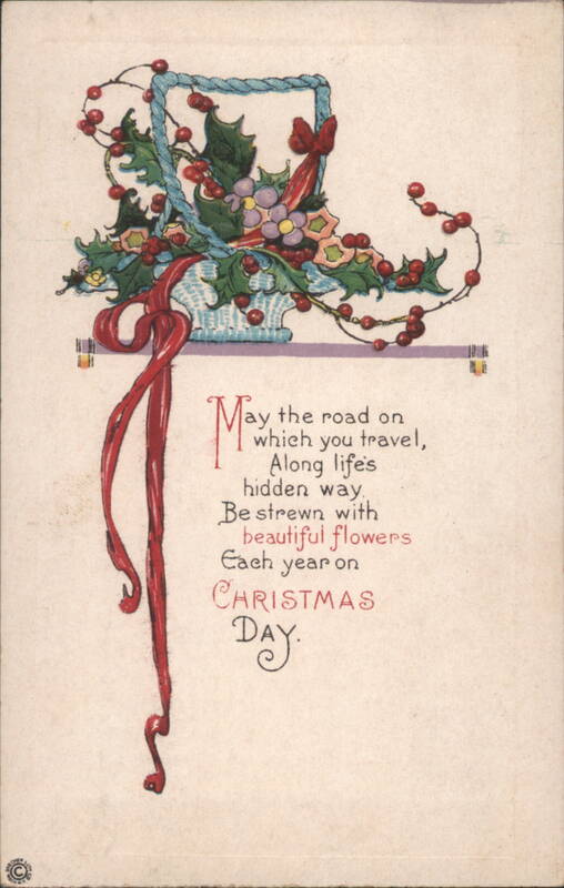 Christmas Greeting with Holly, Berries & Flowers, Red Ribbon, 1917