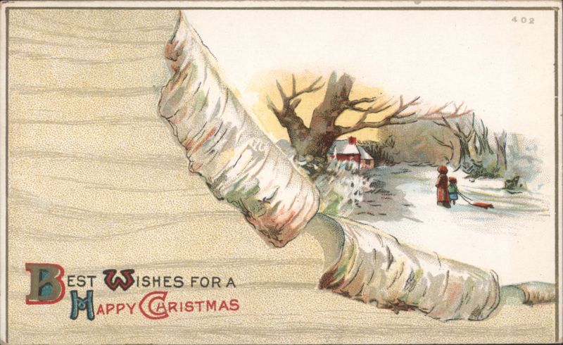 Winter Christmas Scene with Figures & Sled, Best Wishes for a Happy Christmas