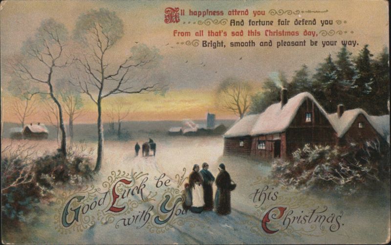 Christmas Winter Scene, Snow-Covered Village, Good Luck Wishes