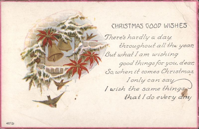 Christmas Good Wishes, Winter Wreath with Poinsettias and Bells