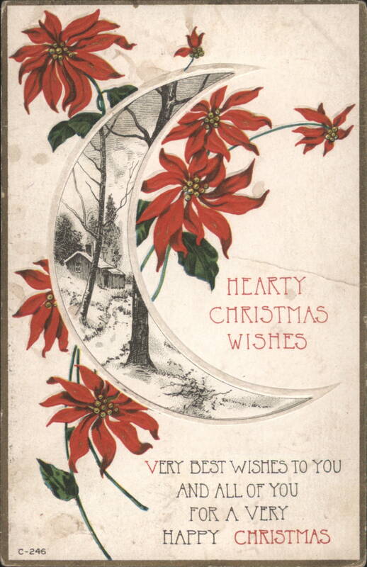 Poinsettias, Crescent Moon & Winter Scene, Hearty Christmas Wishes