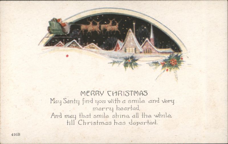 Santa Claus Sleigh & Reindeer Over Snowy Village Merry Christmas