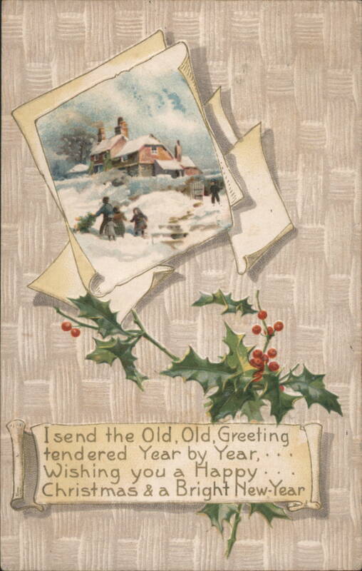 Christmas & New Year Greeting with Snowy House Scene and Holly