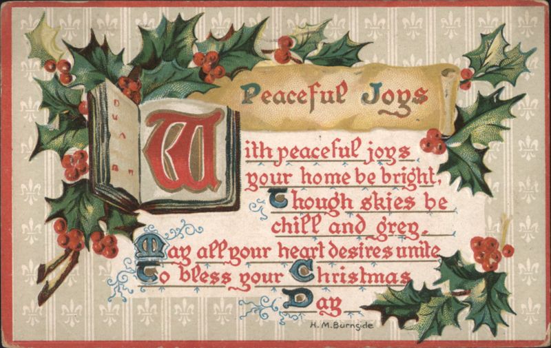 Christmas Greeting with Holly and 'Peaceful Joys' Poem by H.M. Burnside