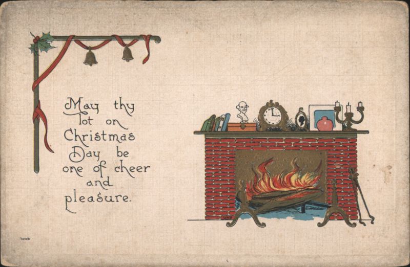 Christmas Greeting with Fireplace, Holly, Bells, and Holiday Verse