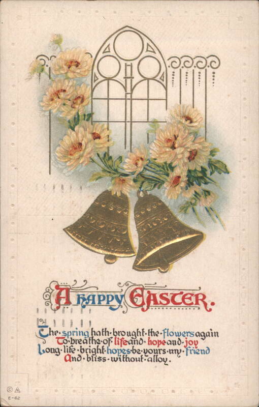 A Happy Easter Greeting with Gold Bells, Chrysanthemums & Gothic Window