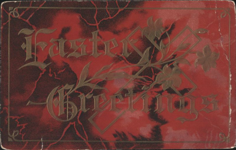 Easter Greetings with Gold Lilies on Red and Black Marbled Background