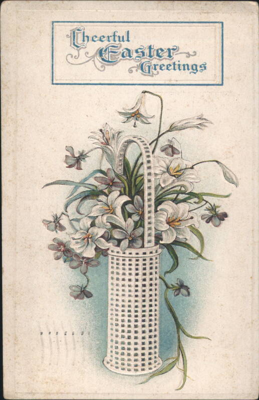 Cheerful Easter Greetings with Basket of Lilies and Spring Flowers