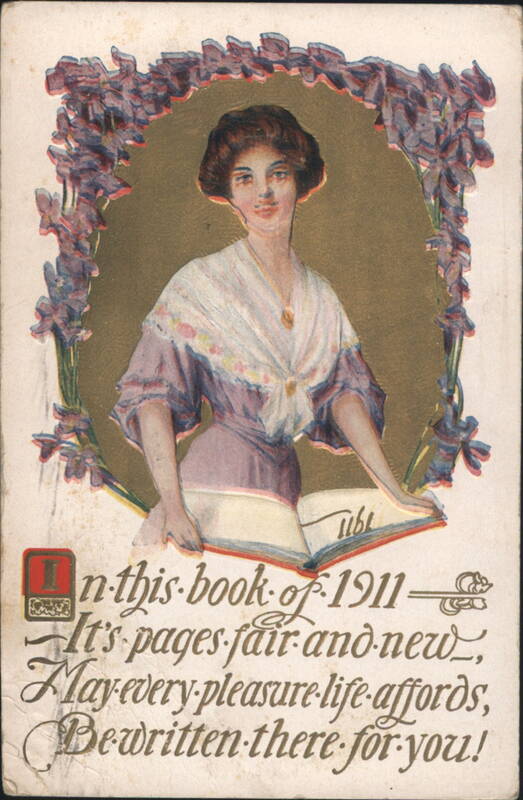 Woman with Book, Floral Frame, New Year's Greeting 1911