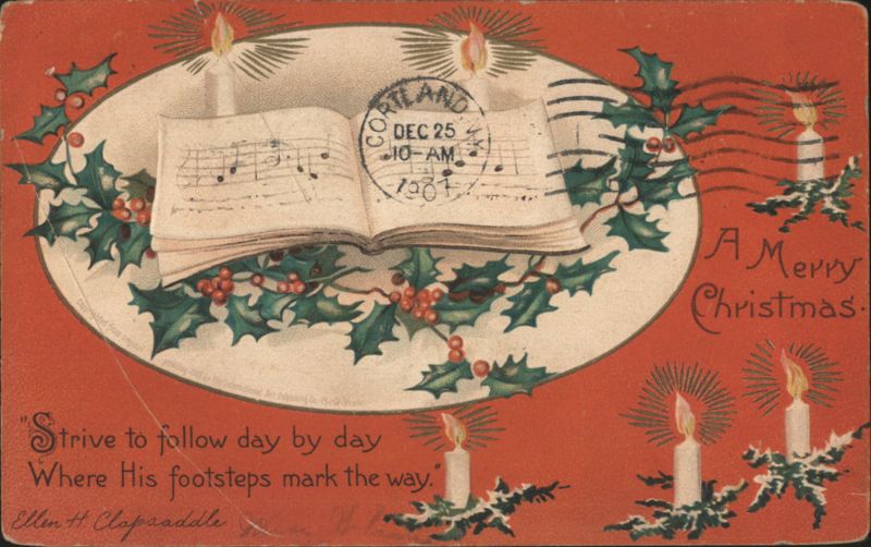 Ellen H. Clapsaddle A Merry Christmas with Music Book, Holly, and Candles