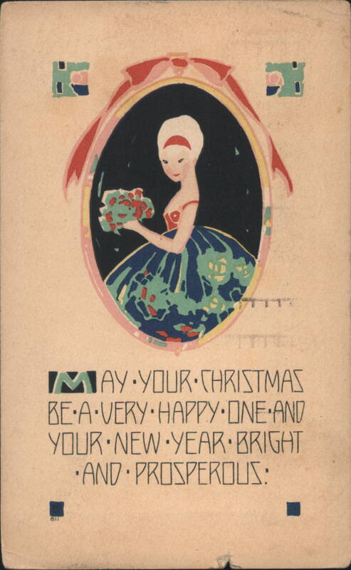 Art Deco Woman with Flowers, Christmas & New Year Greeting