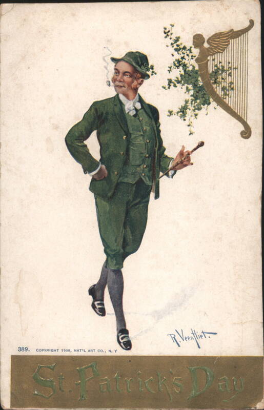 St. Patrick's Day Man in Green Suit with Shamrocks and Harp