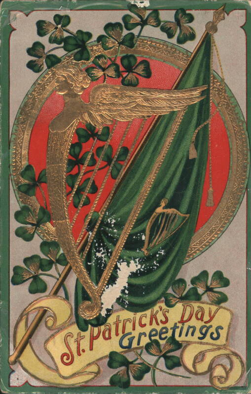 St. Patrick's Day Greetings with Golden Harp, Angel, Green Flag & Shamrocks