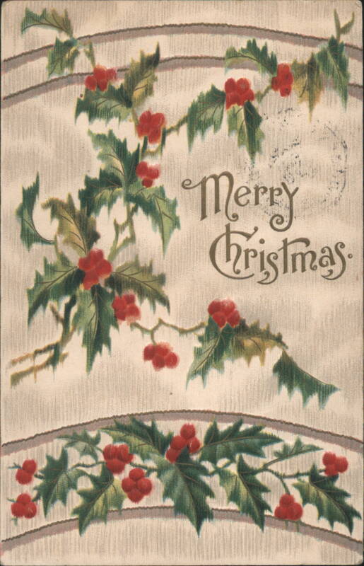 Merry Christmas Holly Branches with Red Berries