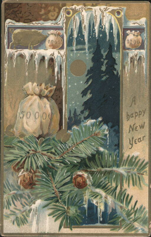 New Year's Greeting with Winter Scene, Pine Branches, and Bags of Money
