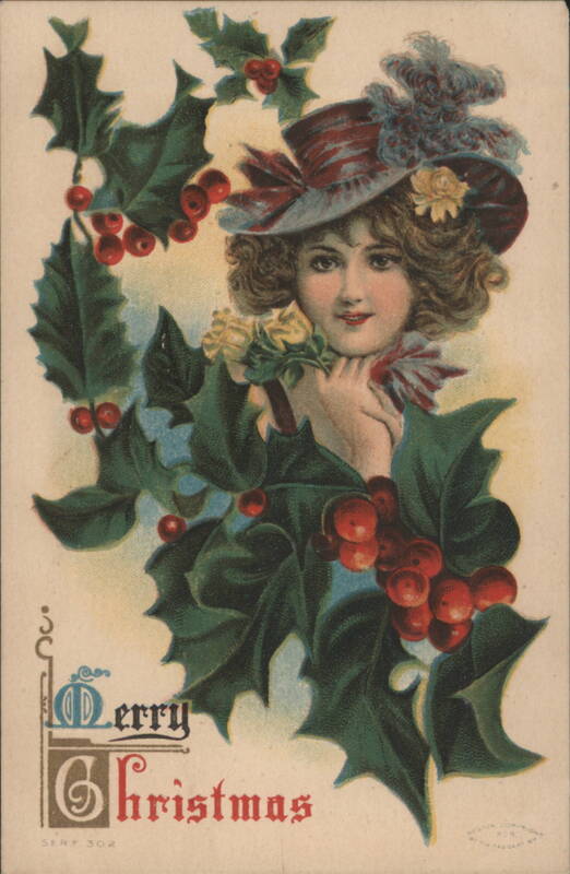 Merry Christmas: Woman in Feathered Hat with Holly