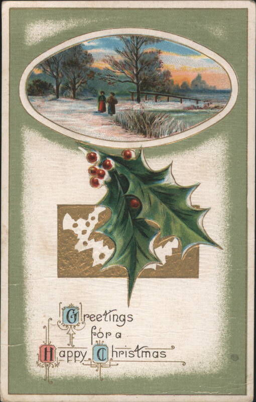Greetings for a Happy Christmas, Winter Landscape with Holly