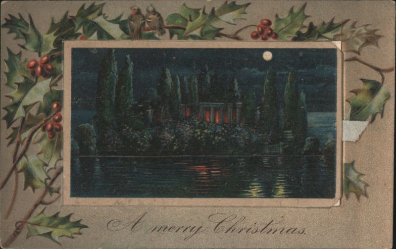 Moonlit Landscape with Cypress Trees & Holly for Christmas Greeting