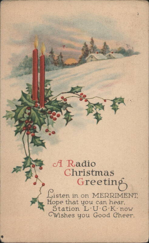 A Radio Christmas Greeting with Candles, Holly, and Snowy Landscape