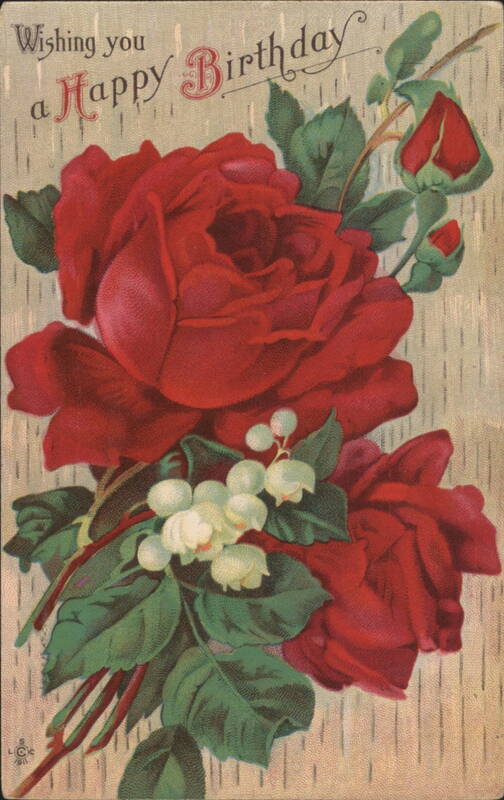 Happy Birthday Greeting with Red Roses and White Flowers