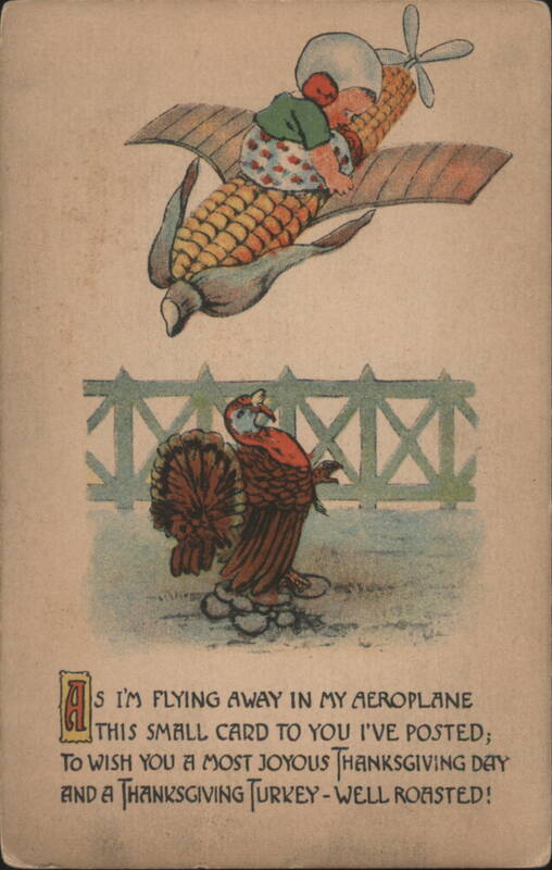 Child Flying Corn Aeroplane & Dressed Turkey Thanksgiving Greeting