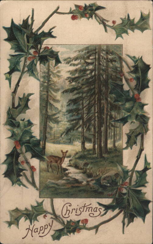 Happy Christmas Greeting with Forest Scene, Deer, and Holly Frame