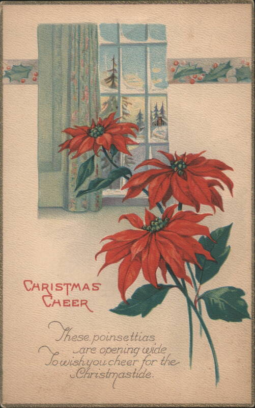 Christmas Cheer Poinsettias & Snowy Window with Holly Border