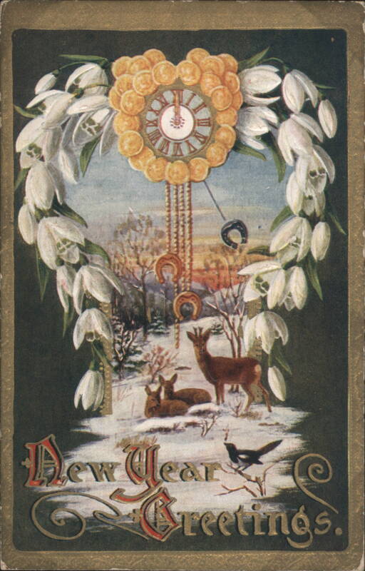 New Year Greetings Clock Snowdrops Deer Winter Landscape, 1910