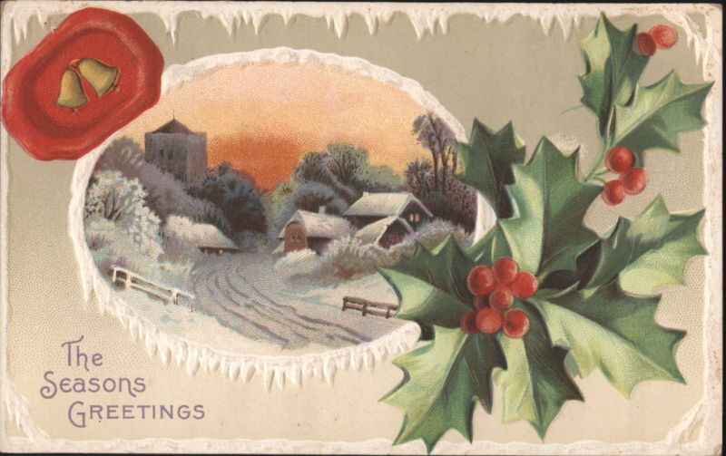 Winter Village Scene, Holly, Bells, The Seasons Greetings