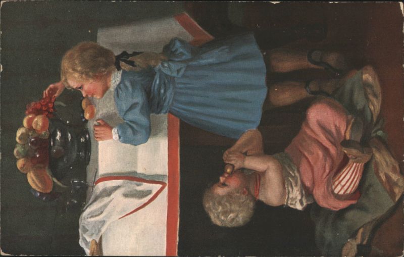 Children with Fruit, Girl in Blue Dress and Boy Eating Fruit