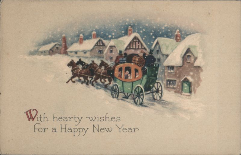 Horse-Drawn Carriage in Snowy Village, Happy New Year Wishes