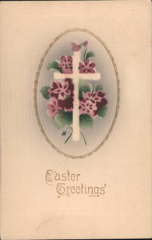 Easter Greetings Cross with Purple Flowers Gold Oval Frame