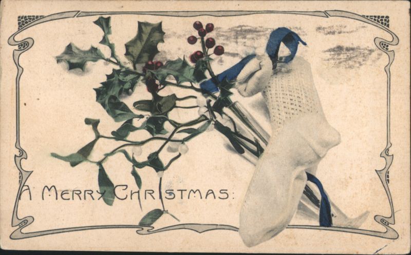A Merry Christmas: Holly & Mistletoe Bouquet, Gloved Hand, Blue Ribbon