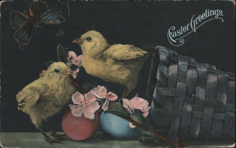 Easter Greetings with Chicks, Butterfly, Flowers & Eggs
