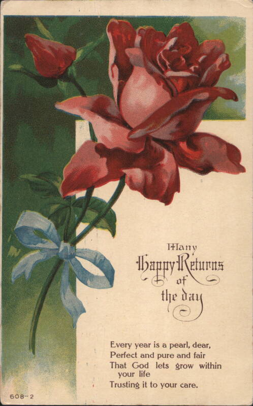 Many Happy Returns of the Day Red Roses Blue Ribbon Birthday Greeting