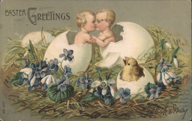 Easter Greetings: Kissing Babies in Eggs with Chick and Violets