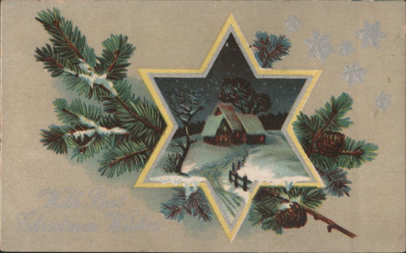 Christmas Star with Snow-Covered Cabin, Pine Branches, Best Wishes