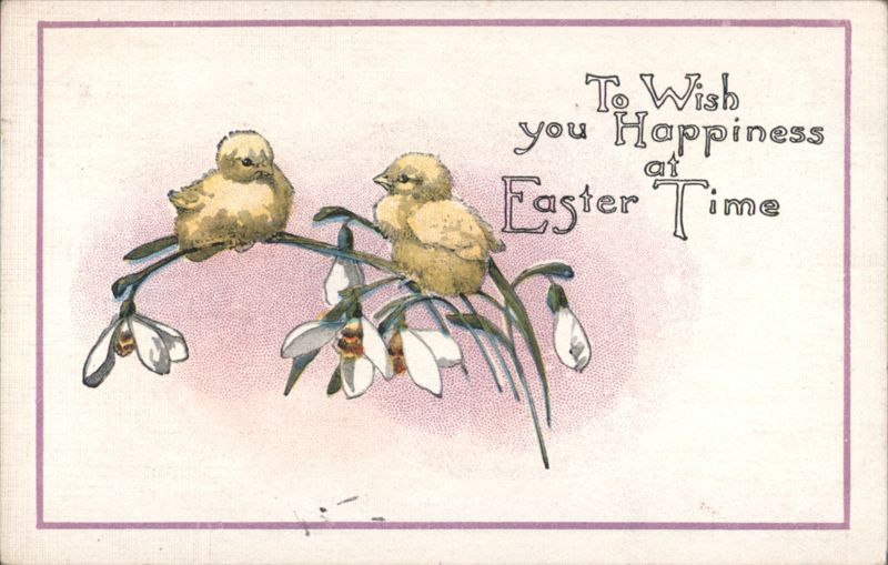 Easter Greeting with Two Yellow Chicks and Snowdrop Flowers